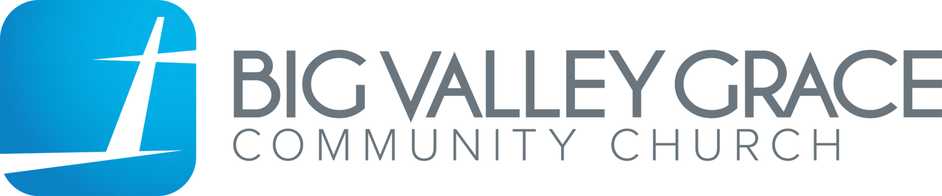 The logo for big valley grace community church is blue and white.