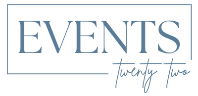 The logo for events twenty two is blue and white and says events twenty two.