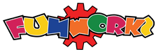 A colorful logo for a toy store with a gear in the middle.
