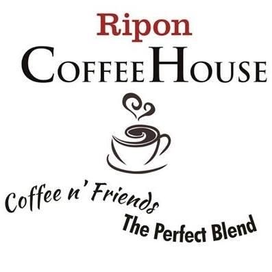 A logo for ripon coffee house with a cup of coffee on a saucer.