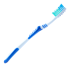 uma escova de dentes azul e branca sobre um fundo branco
