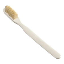 uma escova de dentes branca com cerdas marrons em um fundo branco