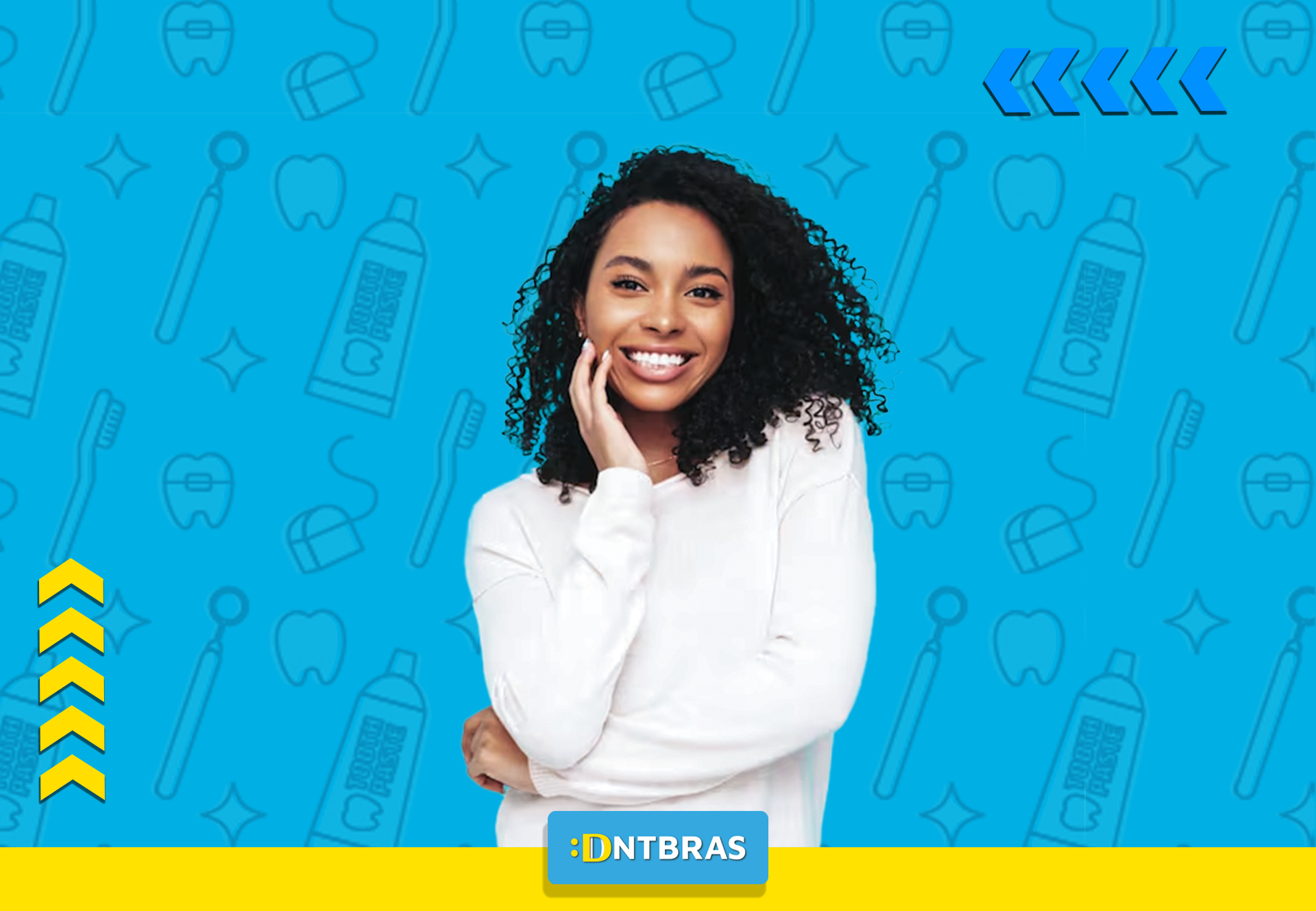 Uma mulher está sorrindo em frente a um fundo azul com ícones dentários.