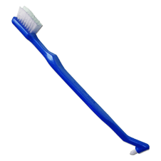 uma escova de dentes azul com cerdas brancas sobre um fundo branco
