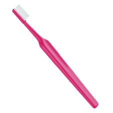 uma escova de dentes rosa com cerdas brancas em um fundo branco