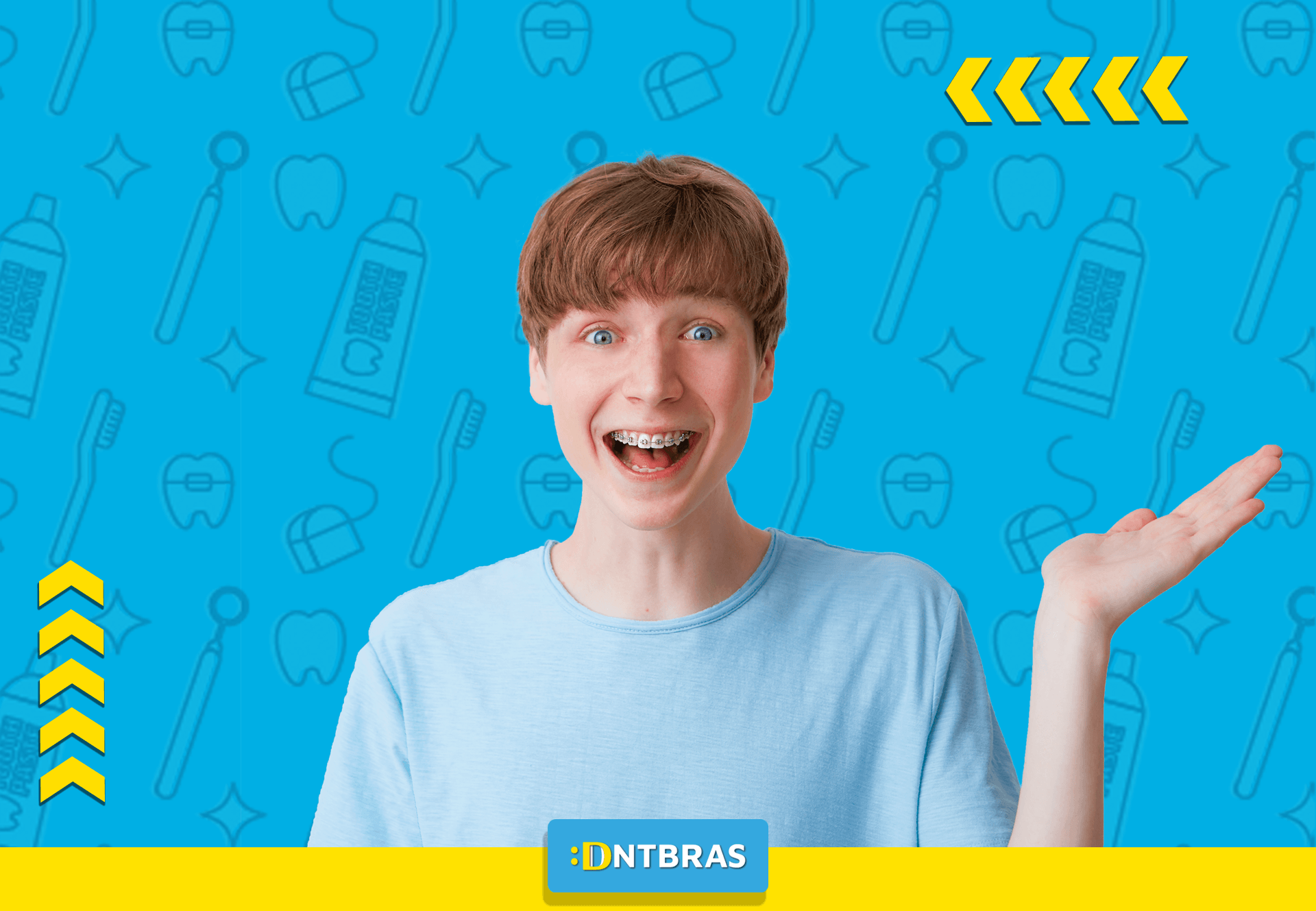 um menino com aparelho nos dentes está em frente a um fundo azul com ícones dentários.