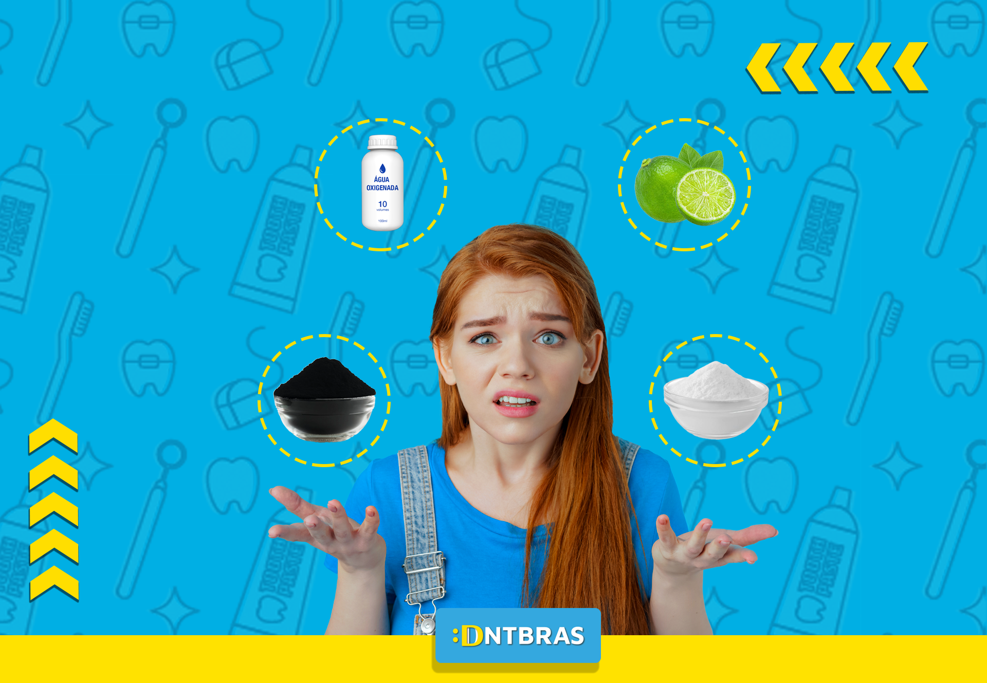 uma mulher está diante de um fundo azul com ícones dentários.