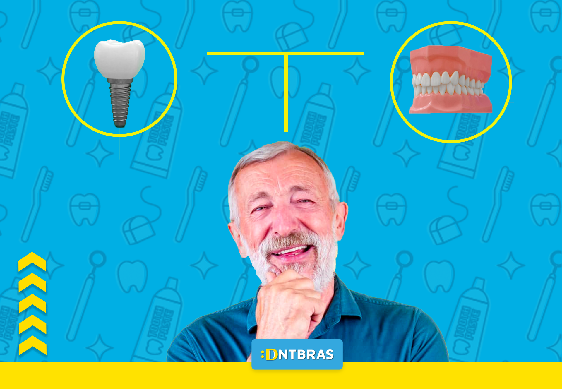 um homem mais velho está diante de um fundo azul com a imagem de um dente e dentes.