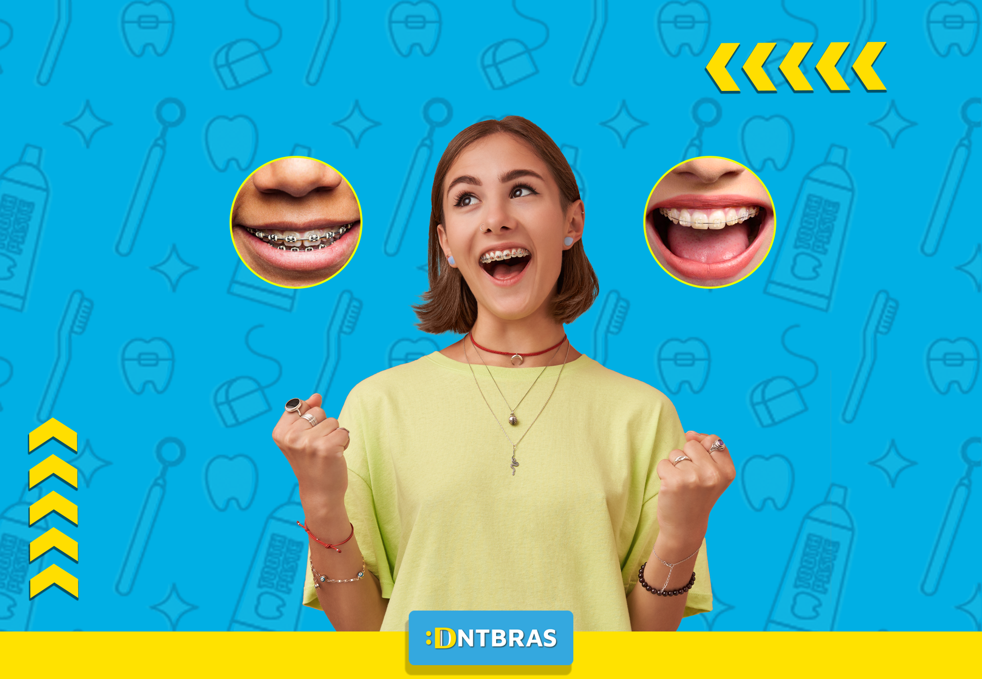 uma mulher com aparelho nos dentes está em frente a um fundo azul.