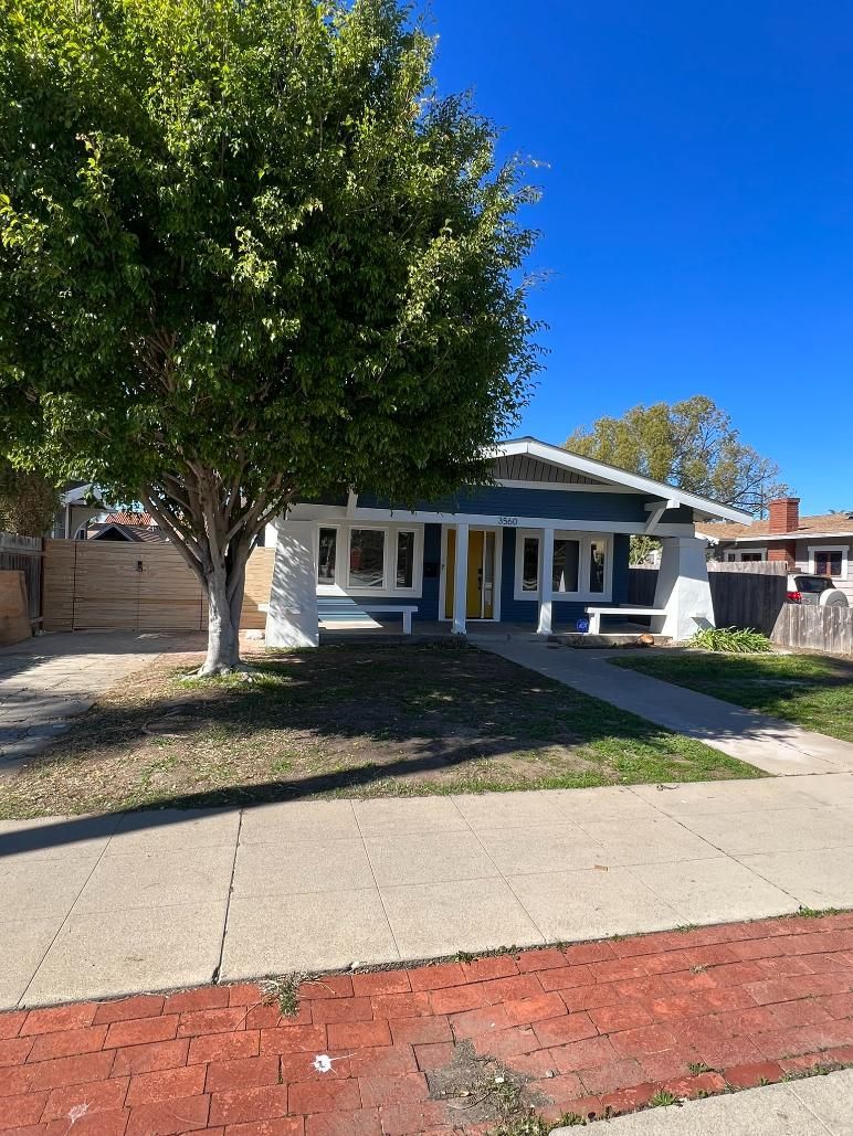 Small blue bungalow house with a front porch, large tree, and sidewalk in the foreground