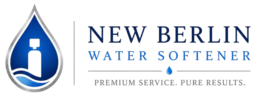 New Berlin Water Softener Logo with Water Droplet Icon, Water Softener System, Wave Graphic, Tagline, and Company Name
