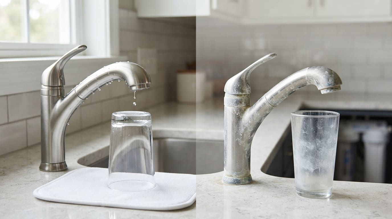 Side by side kitchen faucets showing a clear glass beside a clean faucet and a cloudy glass beside a