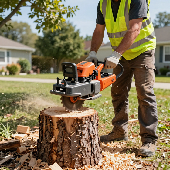 Worker operates a stump grinder during Tree Service in Easley, SC to remove a cut stump and clear space for landscaping.