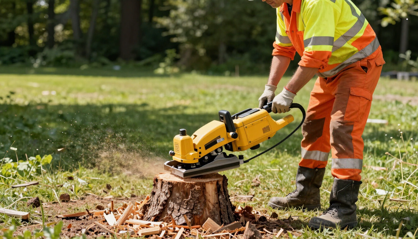 Worker grinds a tree stump with powered equipment during Tree Service in Easley, SC to prepare the yard for landscaping.
