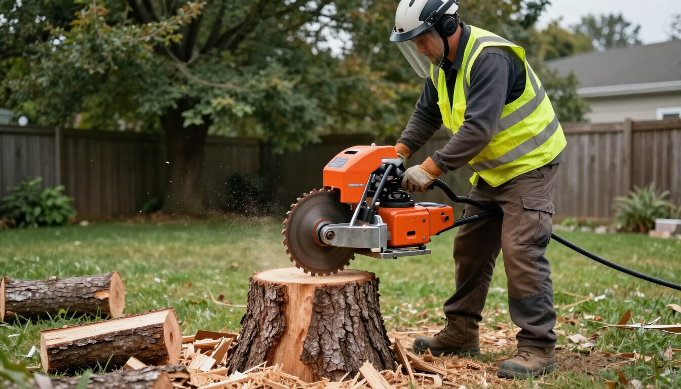 Worker operates a stump grinder on a big cut stump during Tree Service in Easley, SC for a cleaner and safer yard space.