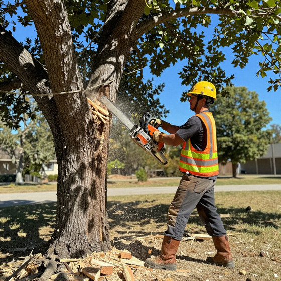 Worker cuts a large tree limb with a chainsaw during Tree Service in Easley, SC, for controlled removal and yard safety.