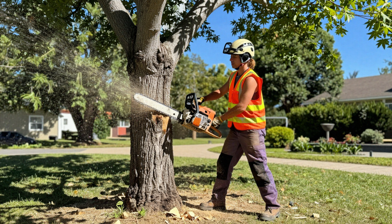 Worker cuts a large tree trunk with a chainsaw during Tree Service in Easley, SC for safe removal and yard cleanup work.