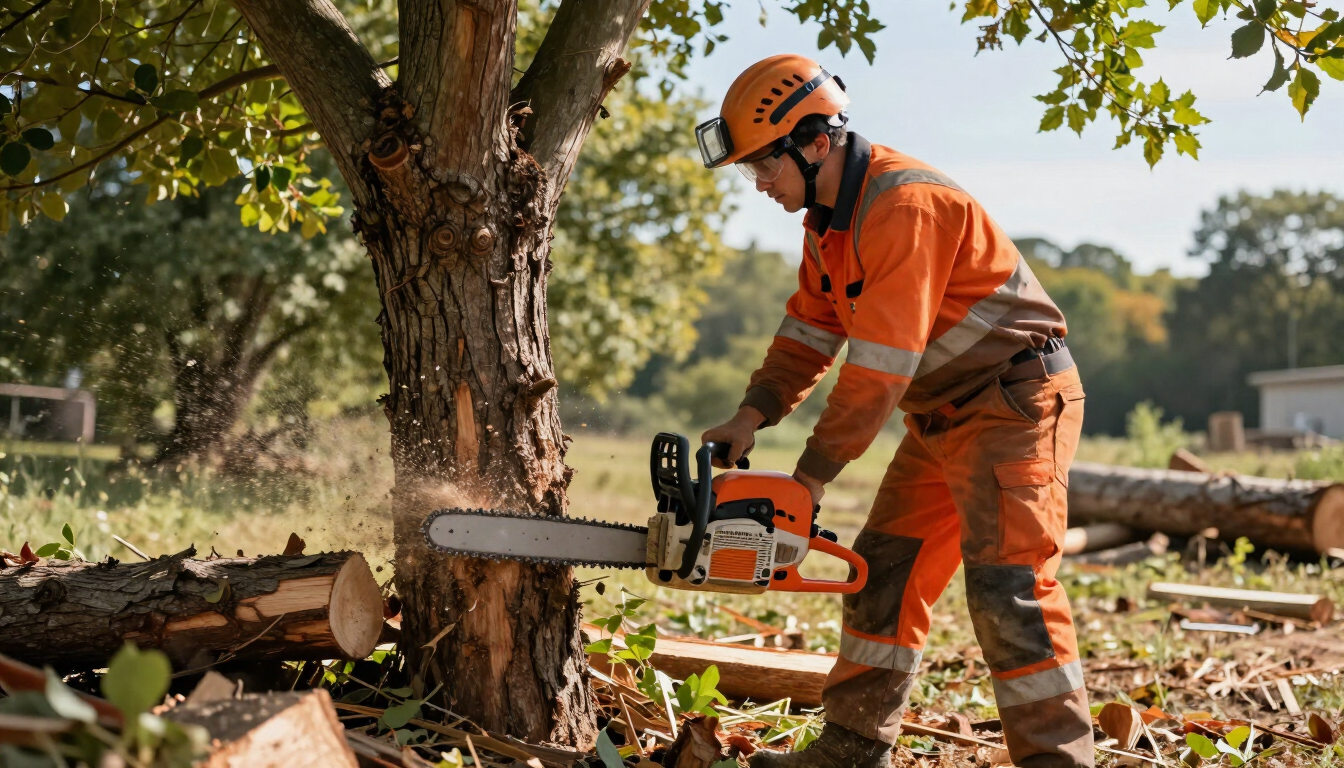 Worker cuts a fallen tree trunk with chainsaw during Tree Service in Easley, SC for controlled removal and site cleanup.