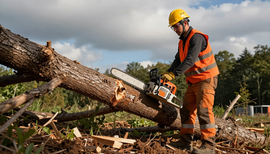 Worker cuts a fallen tree trunk with a chainsaw during Tree Service in Easley, SC for safe removal and property cleanup.