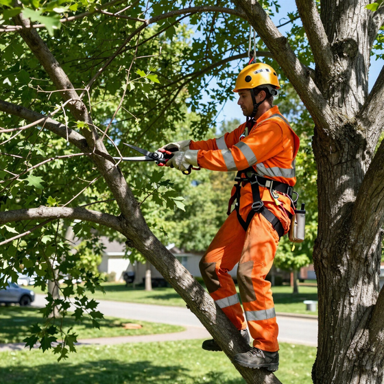 Worker trims leafy branches with pole saw during Tree Service in Easley, SC, to improve canopy clearance and tree shape.