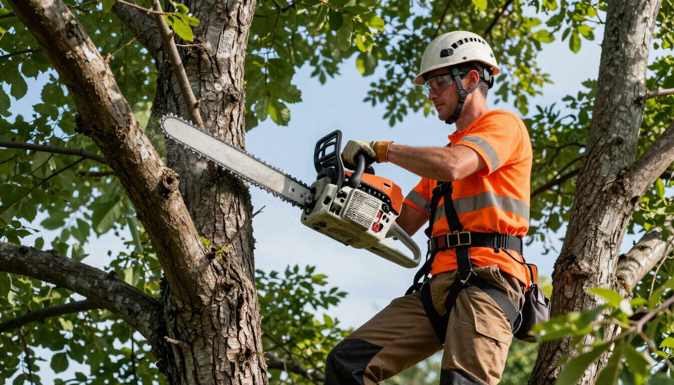 Worker cuts a thick overhead branch with a chainsaw during Tree Service in Easley, SC, for safer trimming and clearance.