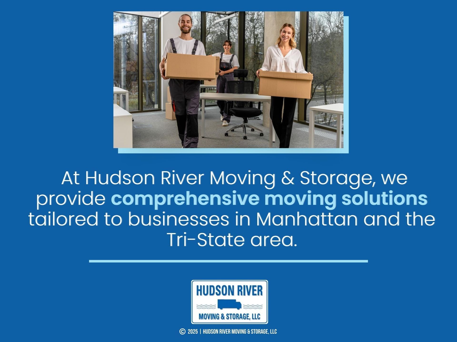 Three people, two men and one woman, carrying boxes and moving into a new office space.