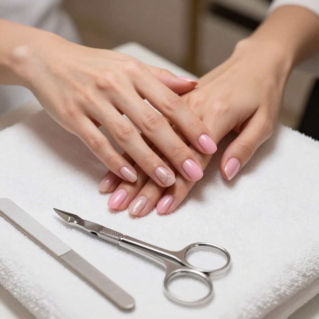 Mani con unghie curate di un rosa pallido accanto a una lima per unghie e forbicine per cuticole su un asciugamano bianco.