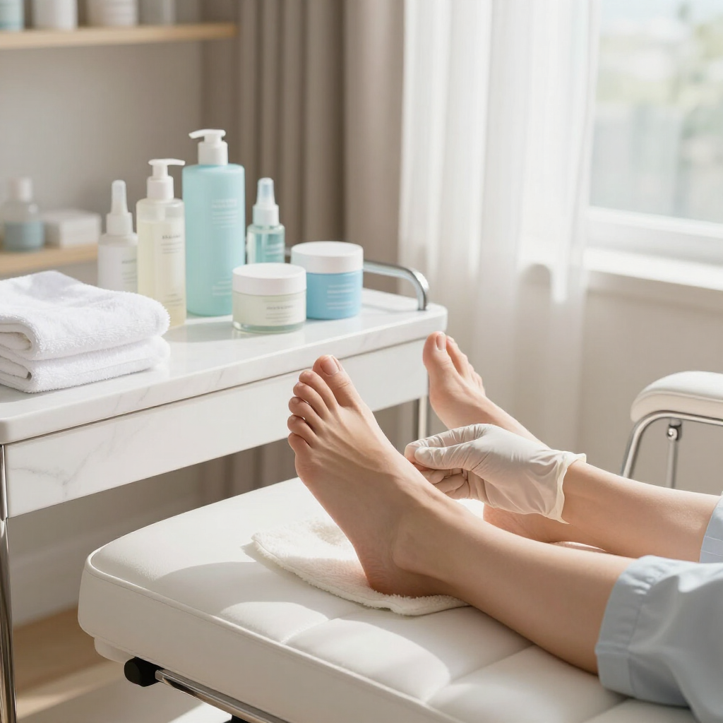 Pedicure spa con i piedi appoggiati su una poltrona per trattamenti, circondati da prodotti per la cura delle unghie.