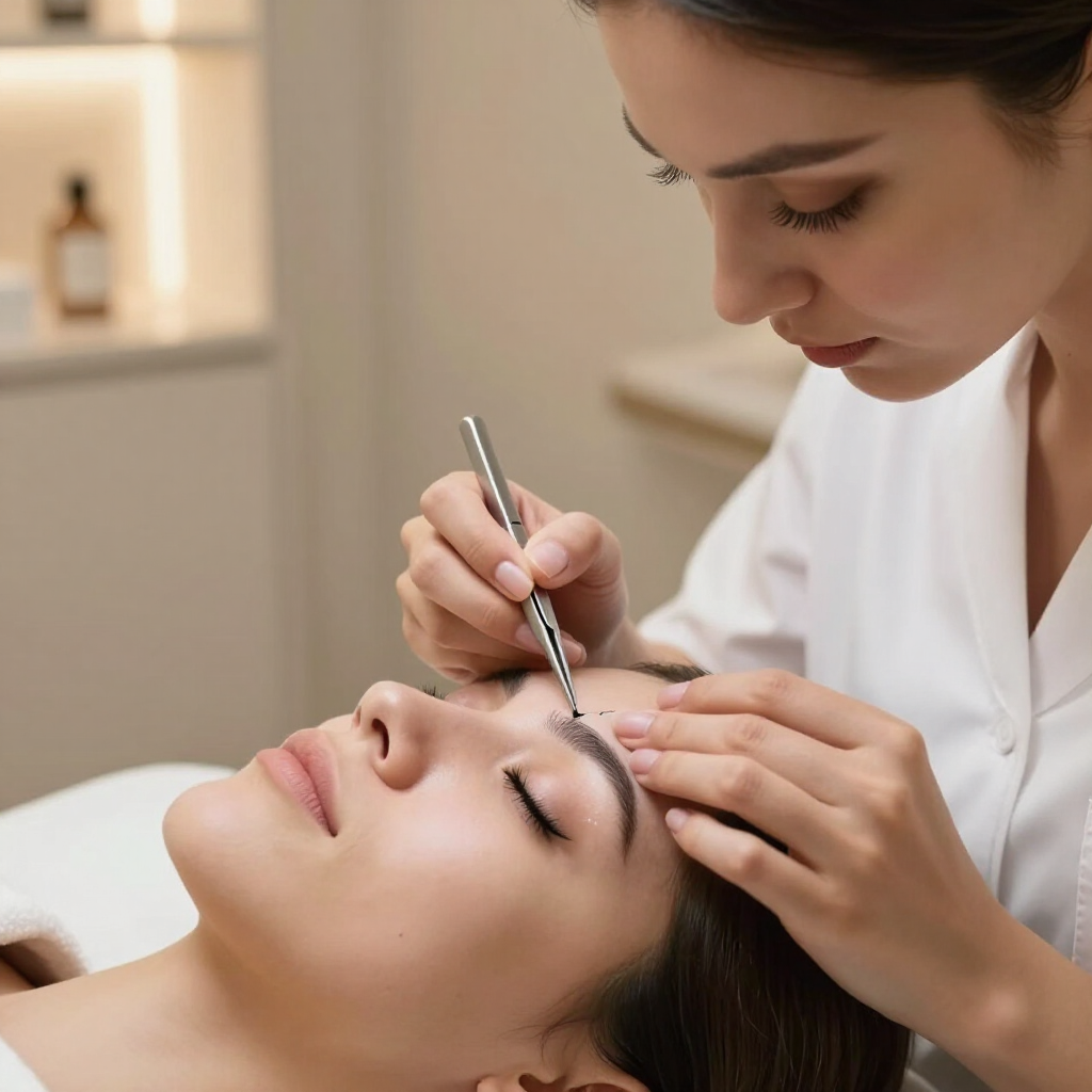 Estetista applica un trattamento alle sopracciglia a una cliente in una cabina per trattamenti spa.