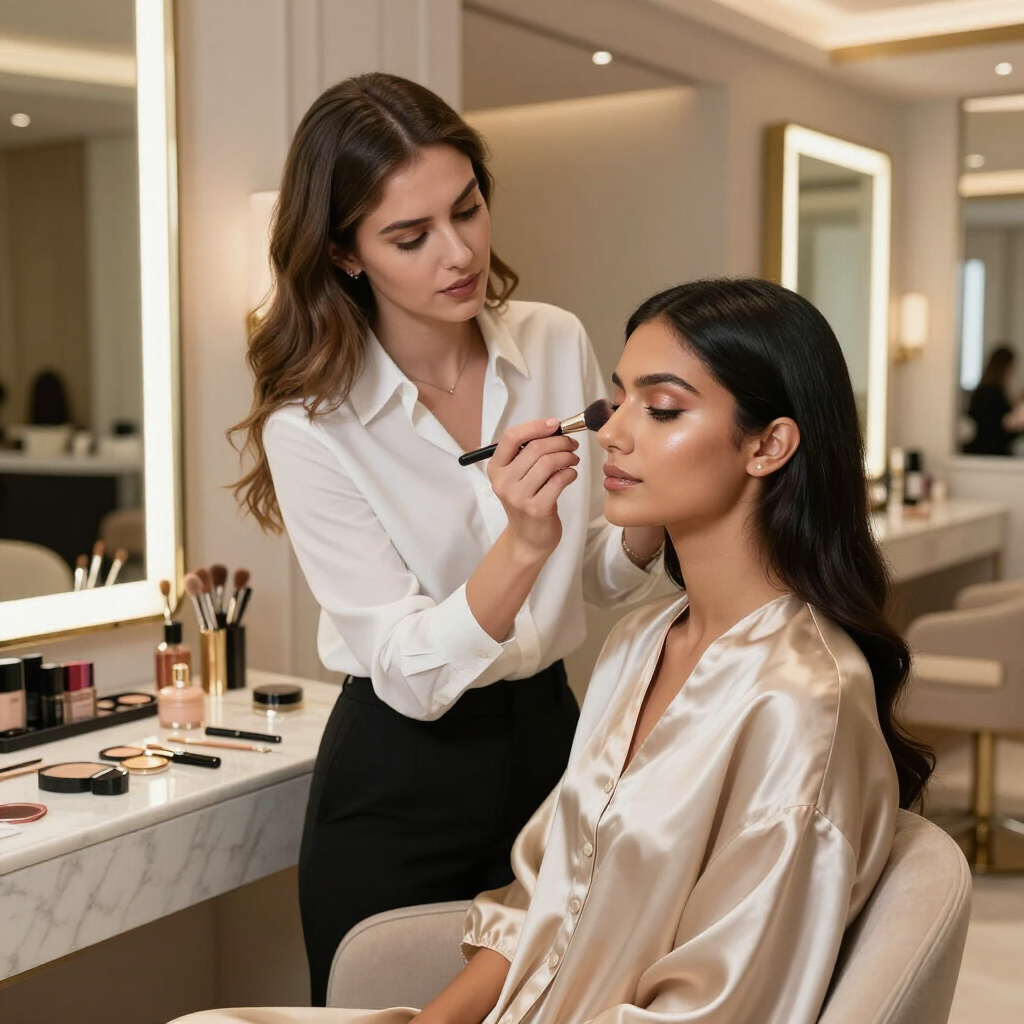 Truccatrice che applica il trucco occhi a una cliente seduta davanti allo specchio del salone.