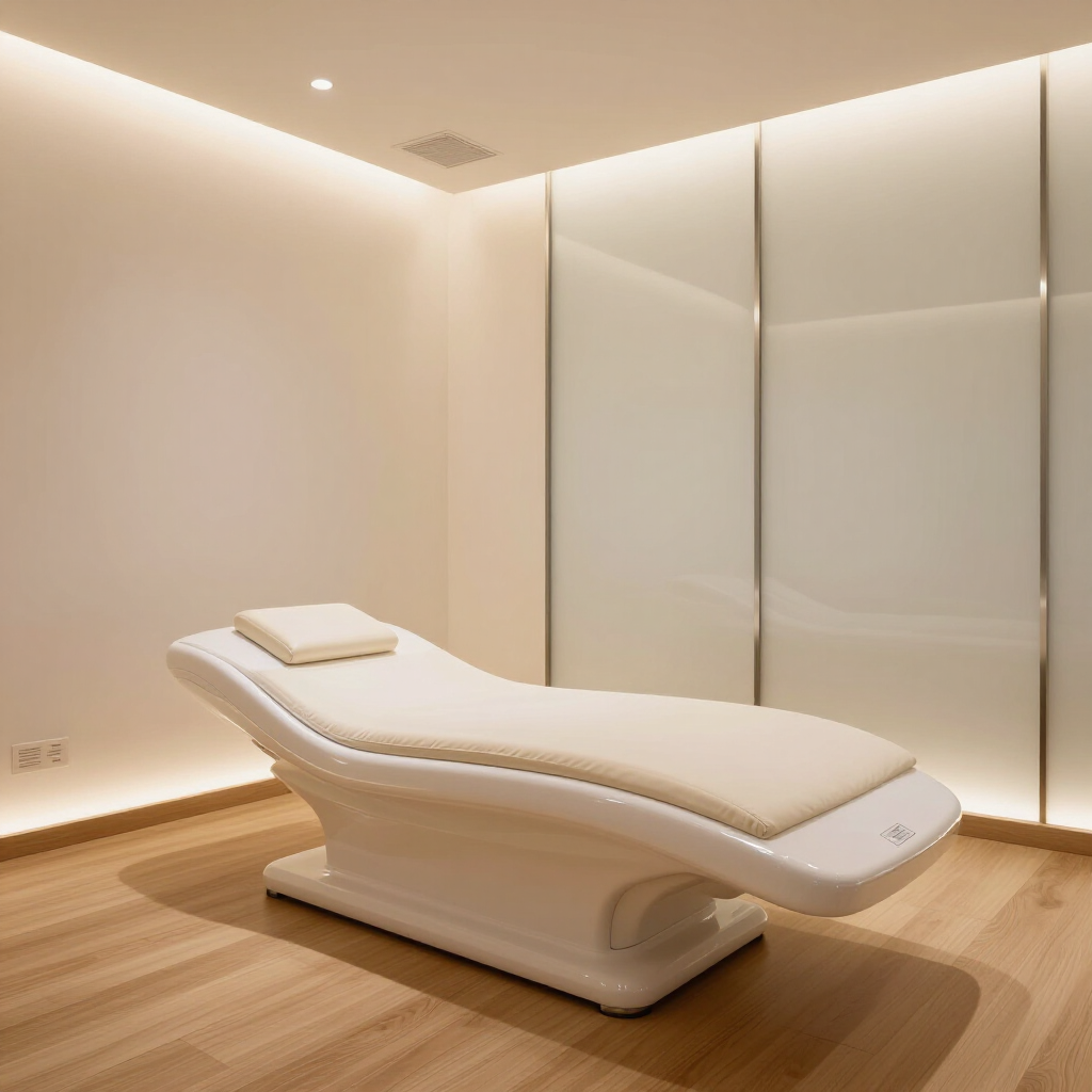 Moderna sala per trattamenti spa con lettino da massaggio bianco, luci calde e pavimento in legno.