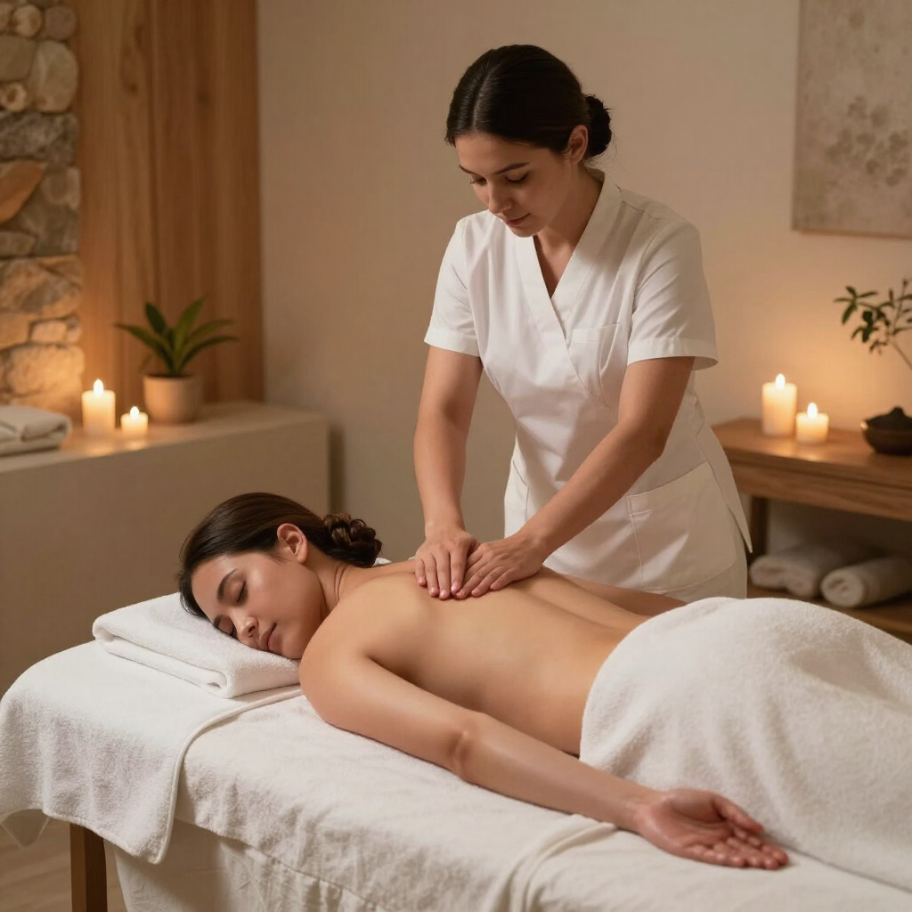 Una terapista di una spa esegue un massaggio alla schiena a un cliente su un lettino da trattamento in una stanza illuminata a lume di candela.