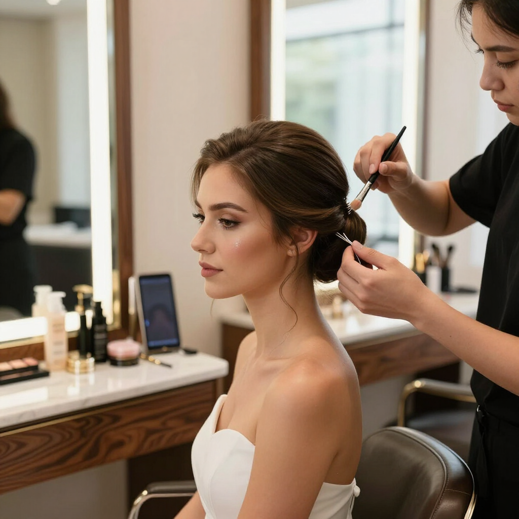 La sposa in abito bianco si fa acconciare i capelli da un parrucchiere in un luminoso salone.