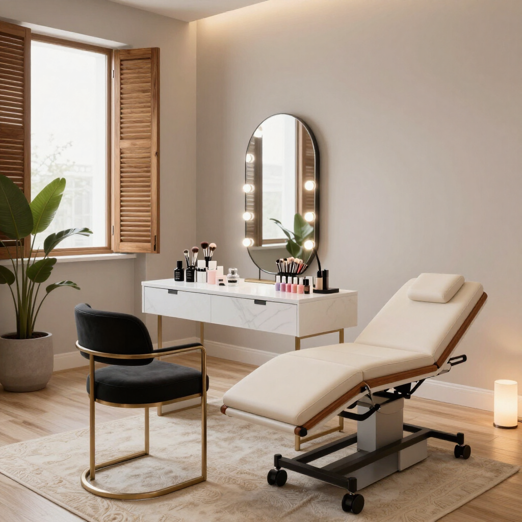 Moderna sala per trattamenti di bellezza con poltrona spa regolabile, tavolo da trucco, luci a specchio e sedia nera.