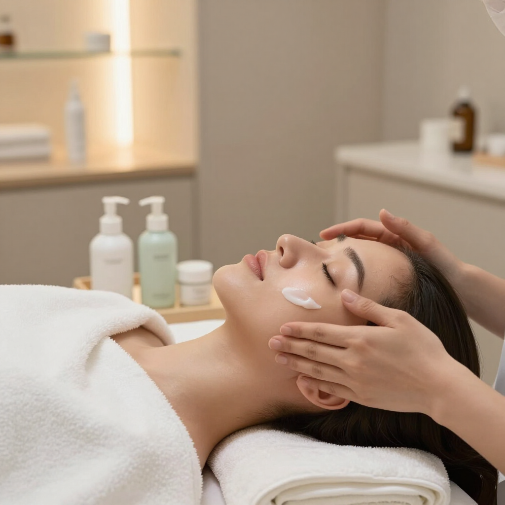 Una donna riceve un massaggio al viso con crema in una sala trattamenti di una spa.