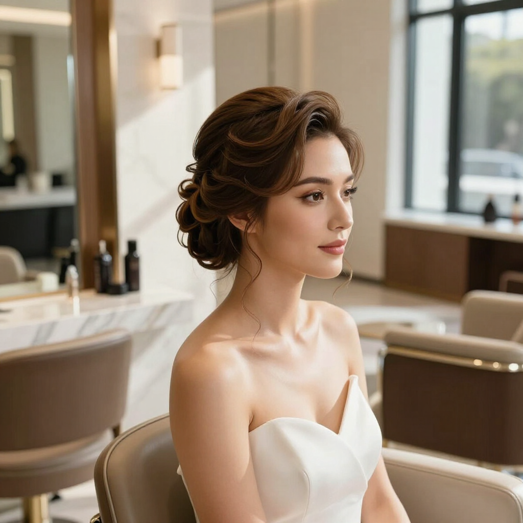 Donna con un'elegante acconciatura raccolta, vestita di bianco, seduta in un salone moderno e affacciata alla finestra.