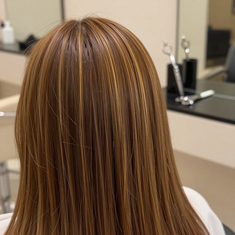 Vista posteriore di lunghi capelli castani con mèches, seduti su una poltrona da parrucchiere.