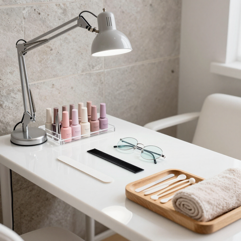 Tavolo per manicure con lampada, boccette di smalto, strumenti, occhiali e asciugamano arrotolato in una stanza luminosa.