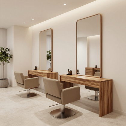 Salone moderno con poltrone beige, postazioni di lavoro in legno e specchi alti in un ambiente minimalista.