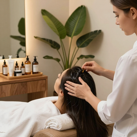 Massaggio al cuoio capelluto in una sala spa, con il cliente sdraiato e il terapista che applica l'olio sui capelli bagnati.