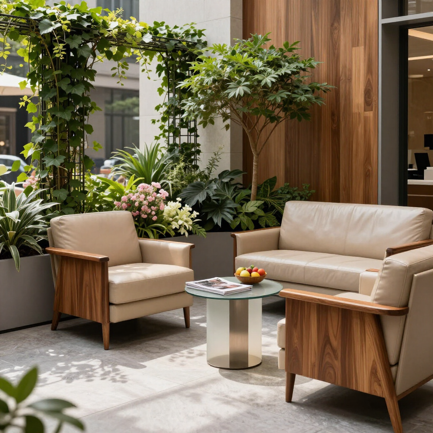 Moderna zona salotto esterna con divani beige, tavolino da caffè e vegetazione rigogliosa.