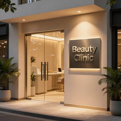 Ingresso moderno di una clinica di bellezza con porte a vetri, luci calde e piante in vaso al crepuscolo.