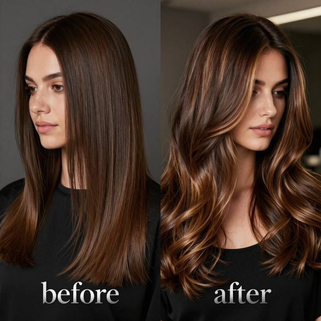 Trasformazione del look con effetto schermo diviso: capelli castani lisci etichettati