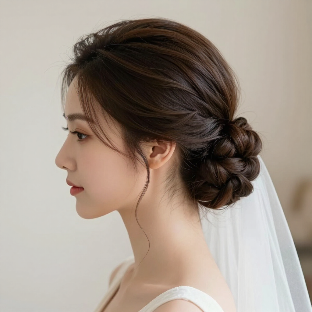 Sposa di profilo con un elegante chignon basso e velo bianco, che indossa un abito bianco su uno sfondo neutro.