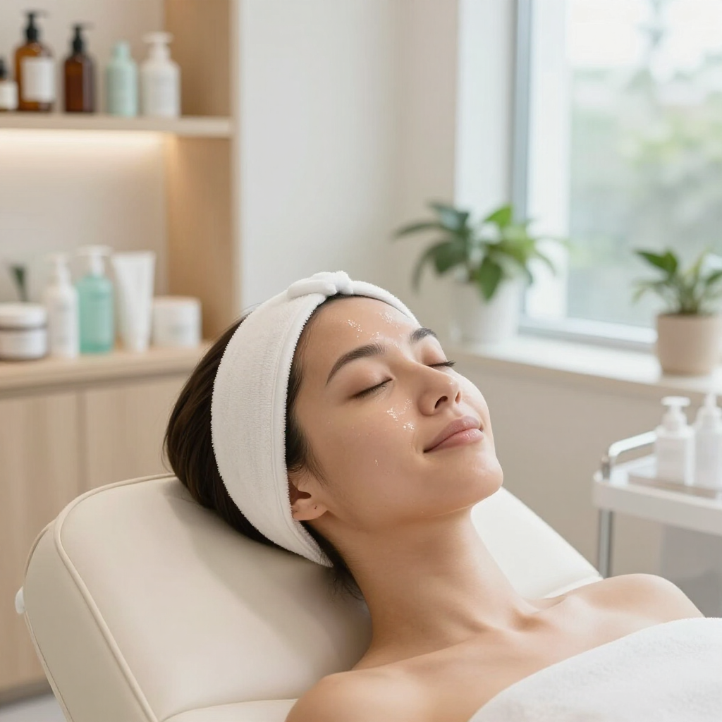 Una donna si rilassa su una poltrona da trattamento in una spa, con una fascia bianca tra i capelli, in una luminosa sala per la cura della pelle.