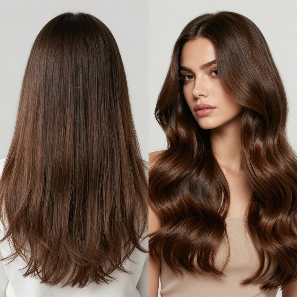 Lunghi capelli mossi color castano scuro, visti di fronte e di spalle su uno sfondo chiaro.