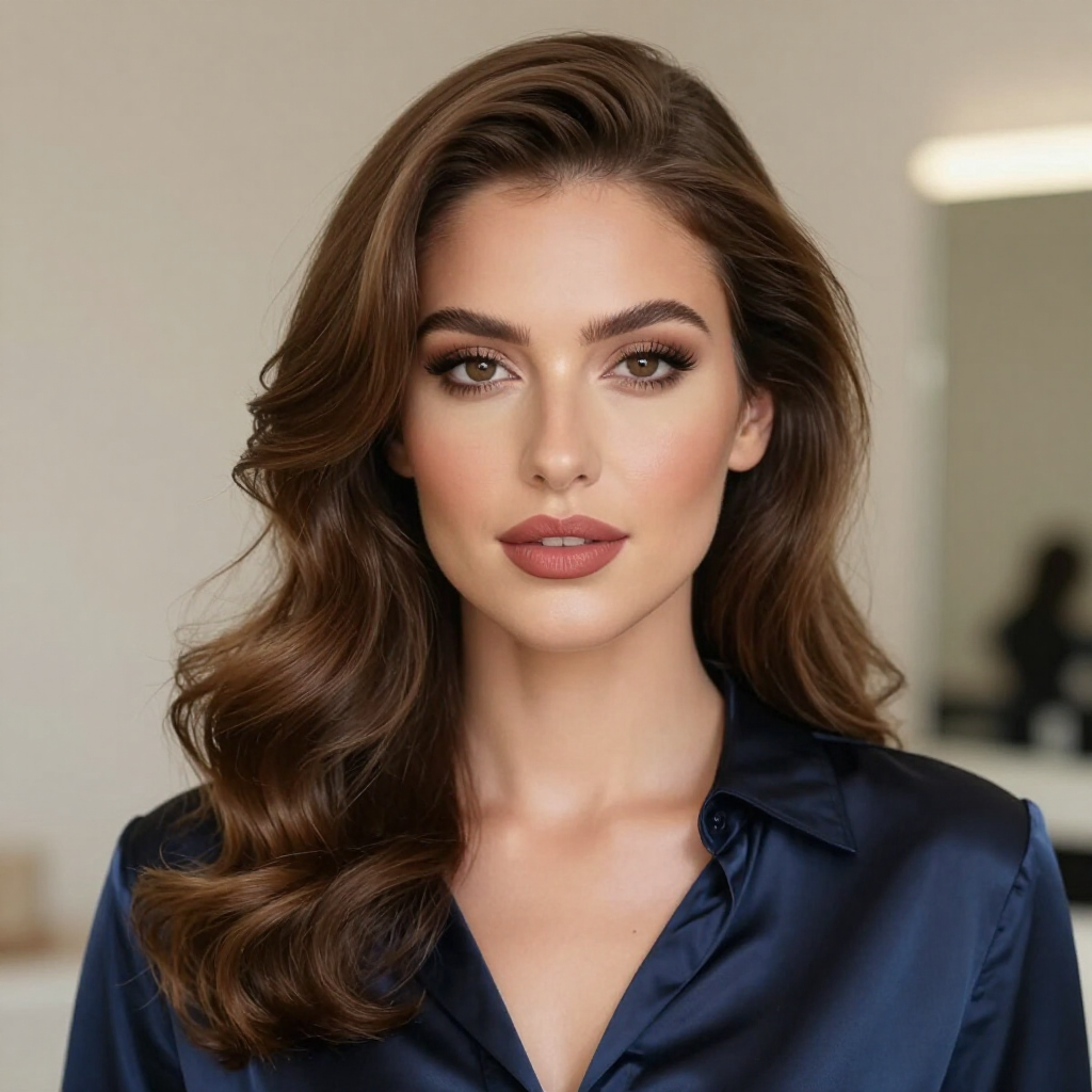 Ritratto di una donna con capelli castani ondulati, che indossa una camicetta blu scuro e guarda direttamente in camera.