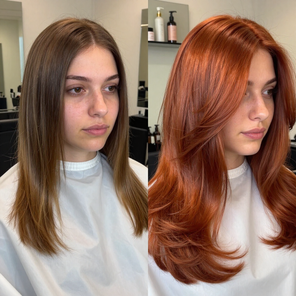 Prima e dopo, in stile salone, di una lunga chioma castana trasformata in un taglio scalato color rame lucido.