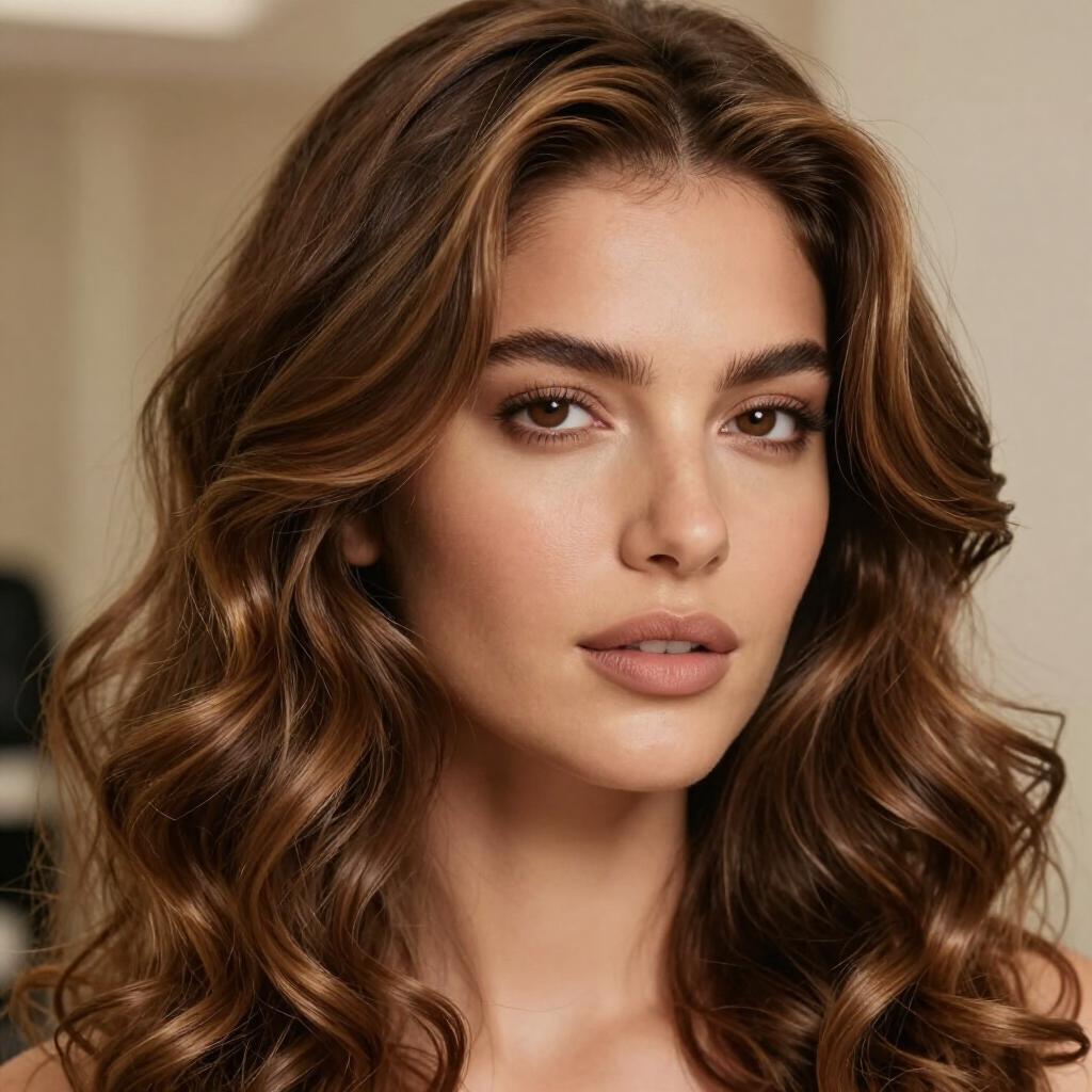 Ritratto in studio di una donna con capelli castani ondulati, espressione neutra e sfondo beige tenue.