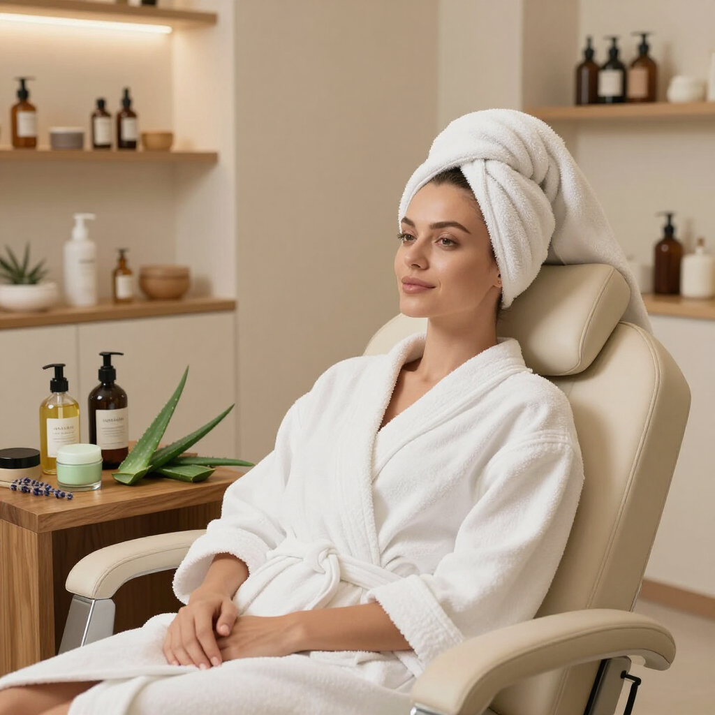 Una donna in accappatoio bianco e con un asciugamano in testa si rilassa su una poltrona per trattamenti spa.